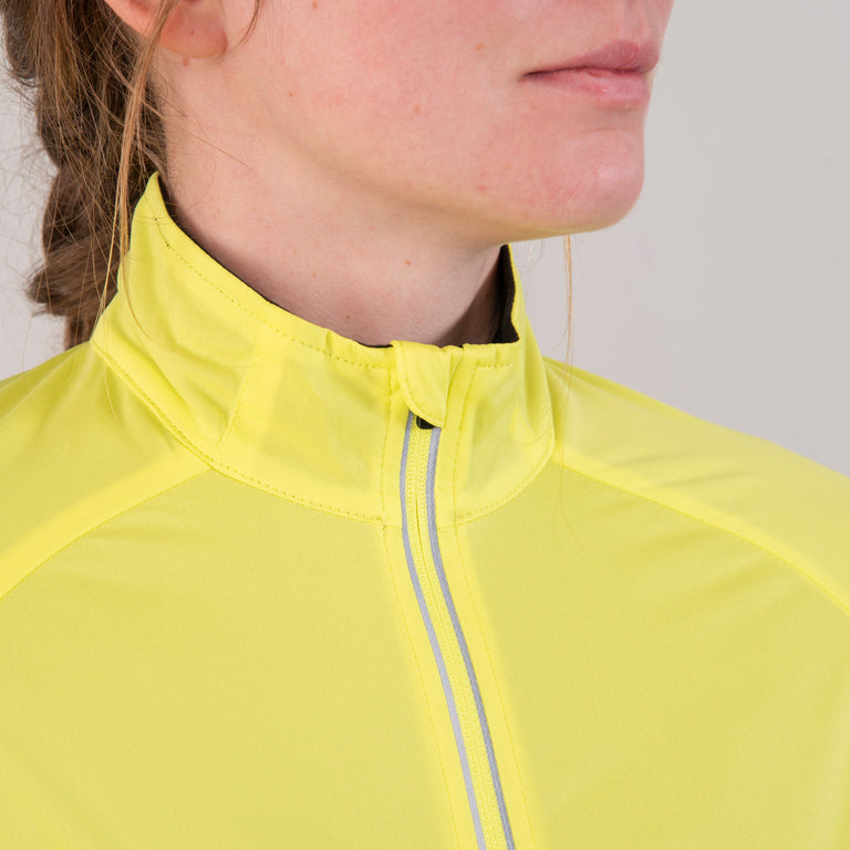 Alpkit women's Cirrus weatherproof cycling jacket in Flo Yellow collar