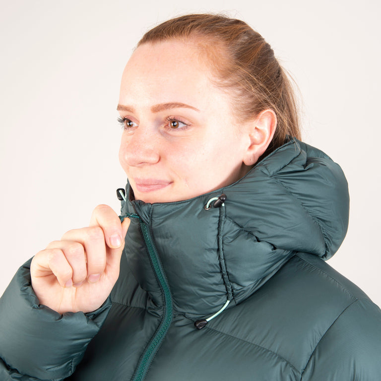 alpkit womens fantom down jacket in forest green zip