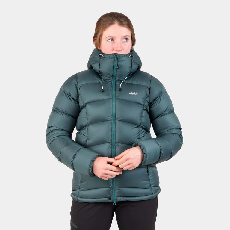 alpkit womens fantom down jacket in forest green - closed