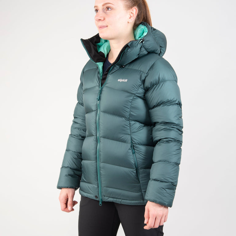 alpkit womens fantom down jacket in forest green front - closed