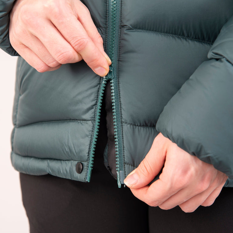 alpkit womens fantom down jacket in forest green two way zip