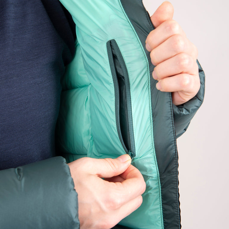 alpkit womens fantom down jacket in forest green inside pocket