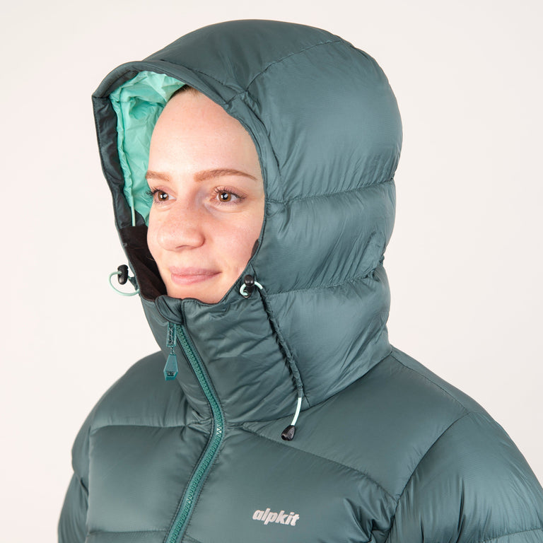 alpkit womens fantom down jacket in forest green hood