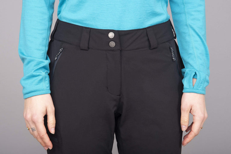 womens faro softshell shorts in black front waistband