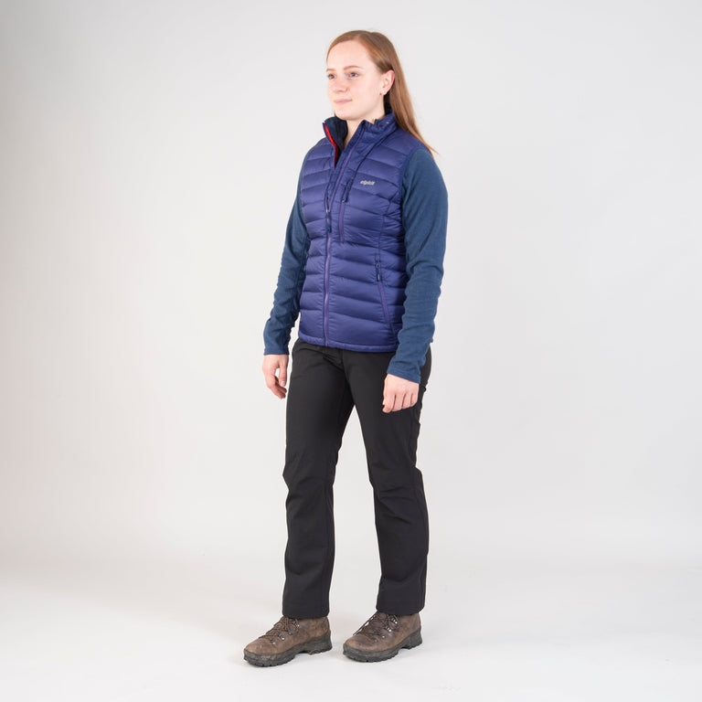 alpkit womens filoment vest down gilet in nightshade blue outfit - closed