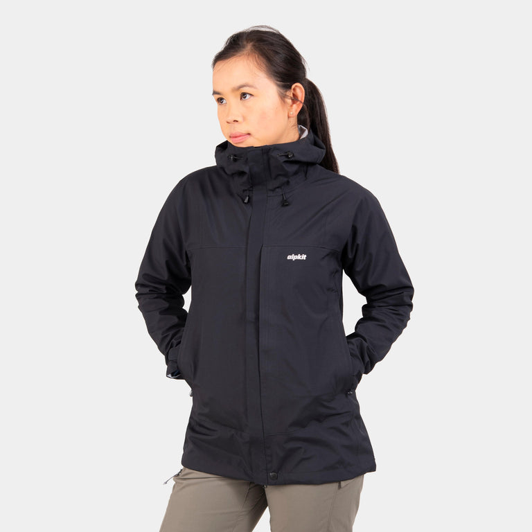 alpkit womens fortitude waterproof jacket in black - closed