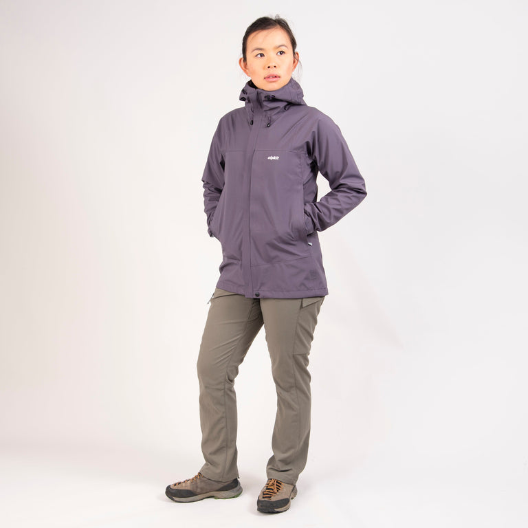 alpkit womens fortitude waterproof jacket in damson purple outfit