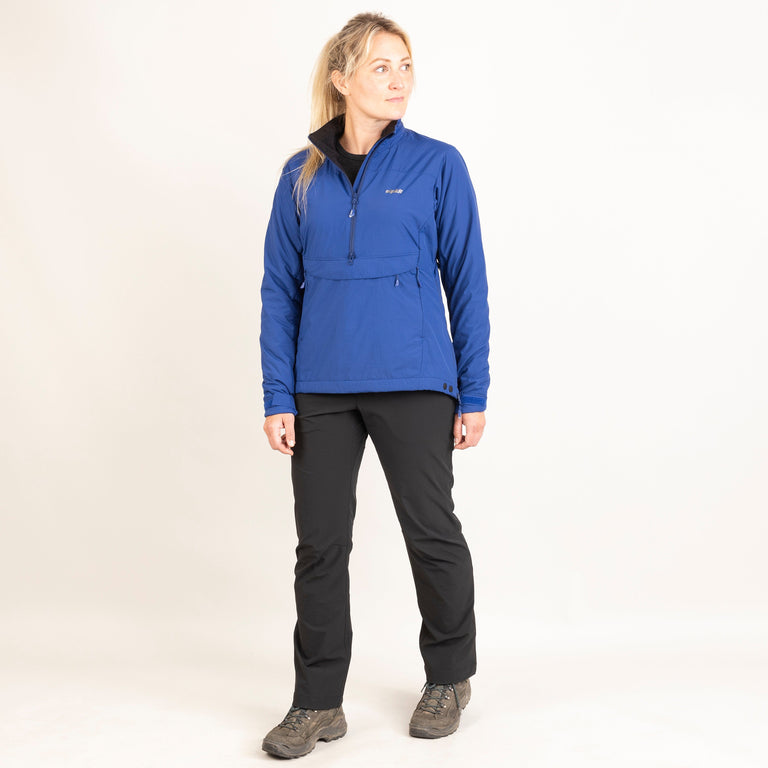 Alpkit women's Jura Mountain Smock weatherproof jacket in nemo blue outfit