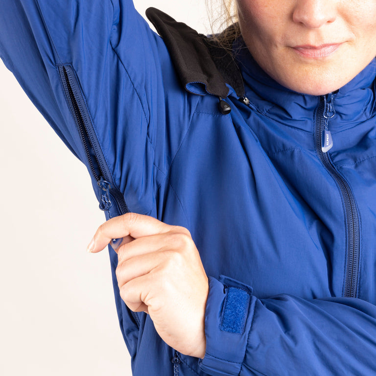 Alpkit women's Jura Mountain Smock weatherproof jacket in nemo blue pit zip