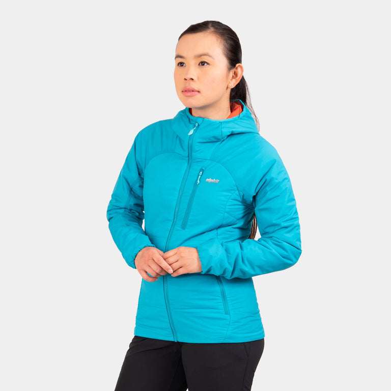 alpkit womens katabatic primaloft insulated jacket in surf blue - closed