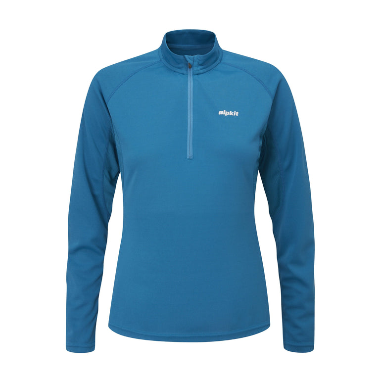 womens Alpkit Koulin trail long sleeve zip baselayer in reef - closed