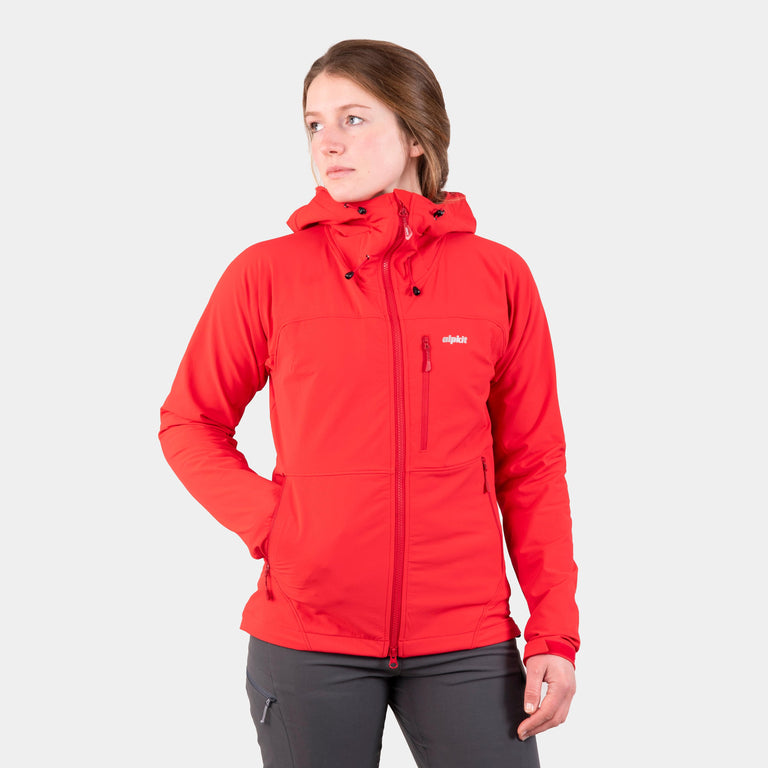 Alpkit women's Resolute softshell windproof jacket in Chilli red - closed