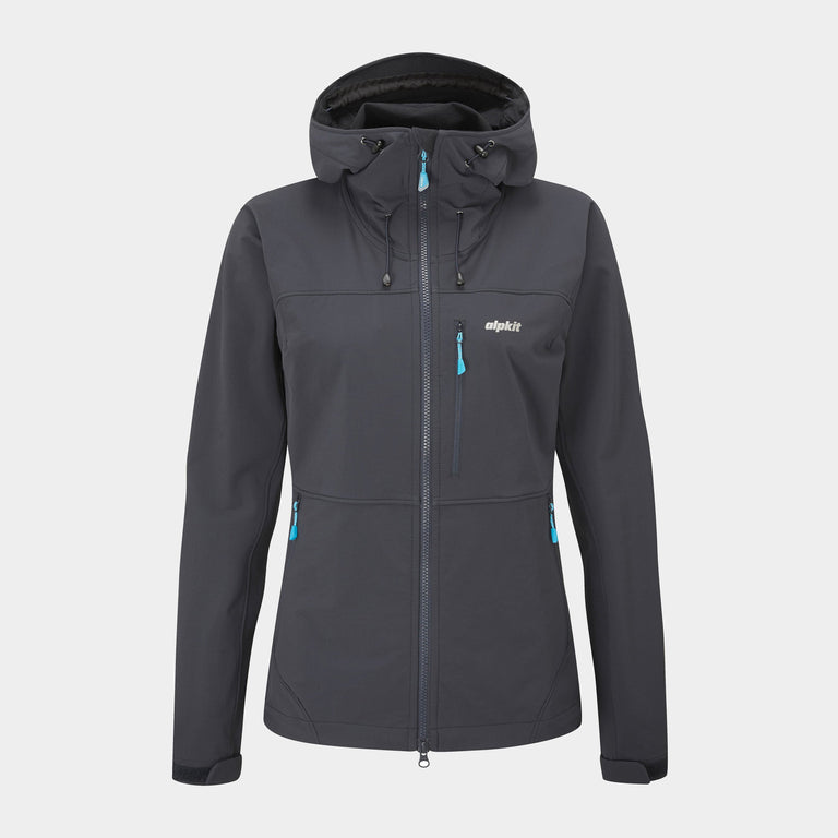 Alpkit women's Resolute softshell windproof jacket in Outer Space blue - closed