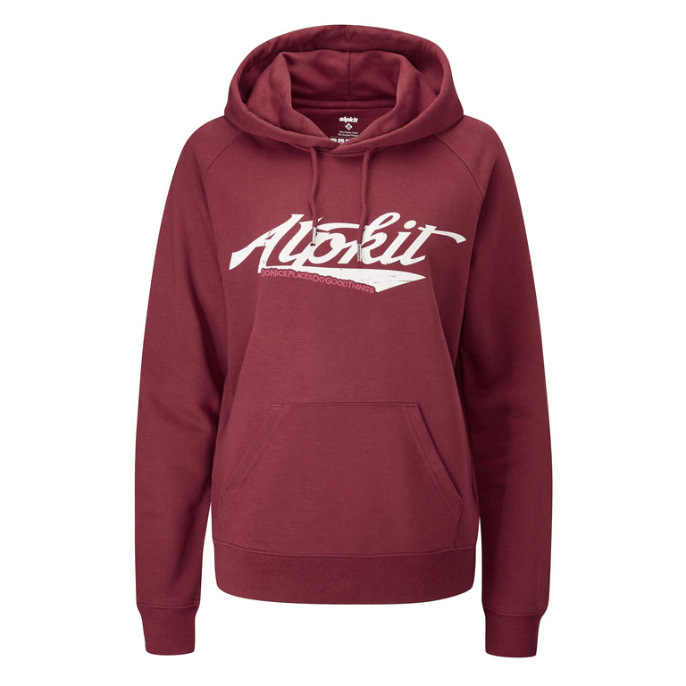 womens swoosh organic cotton hoody in burgundy - closed